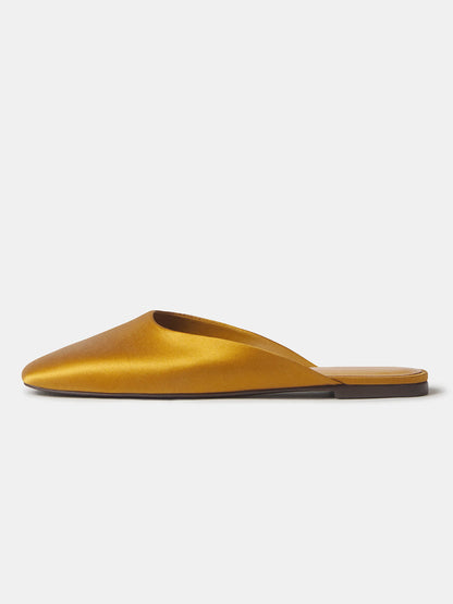 Honey Satin Square-Toe Backless Slip-On Flat Mules