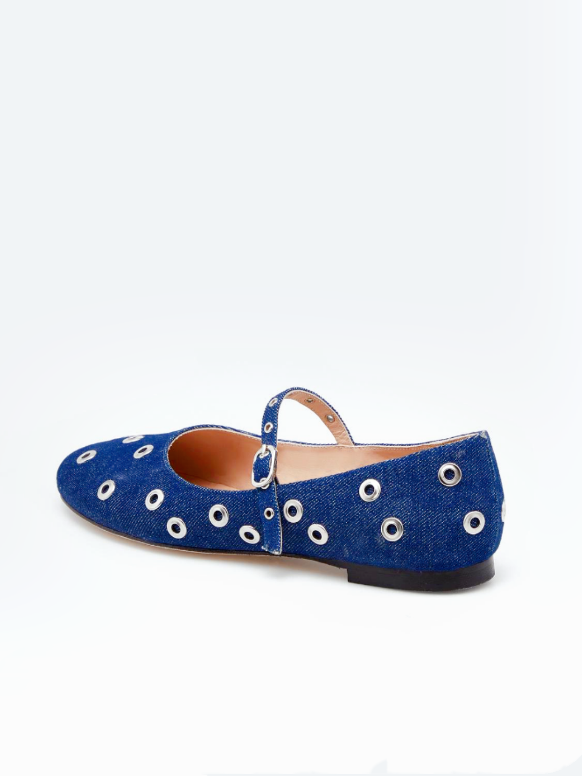 Blue Denim Studded Grommet Eyelet Round-Toe Ballet Flats Mary Janes