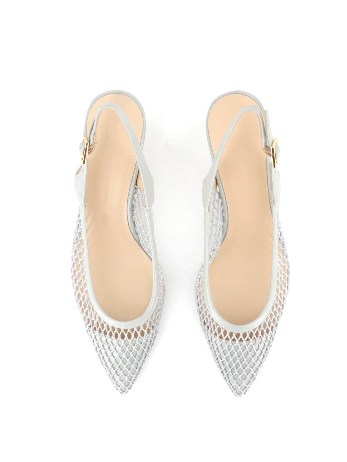 Pearl Grey Pointy Kitten Heels Slingback Pumps in Fishnet & Vegan Leather