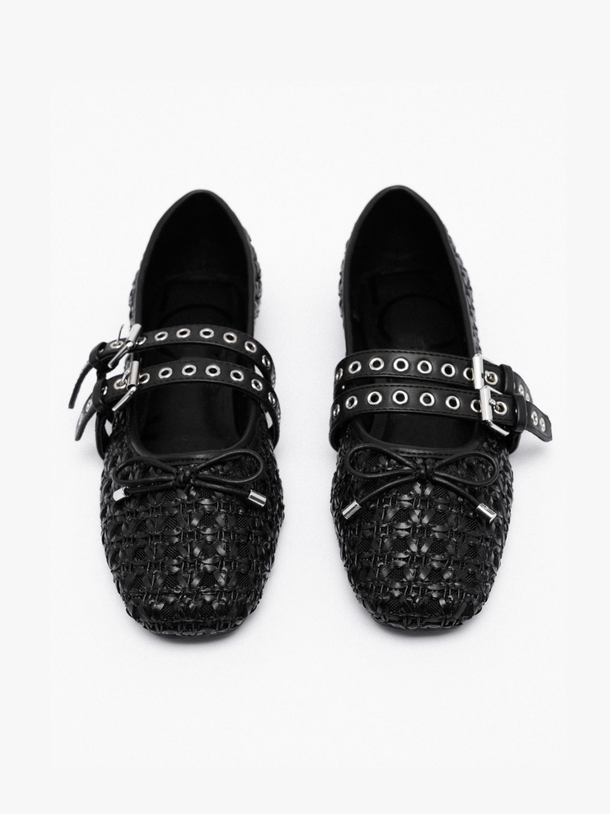 Black Raffia Woven Bow Ballet Flats Mary Janes With Grommet Buckled Straps