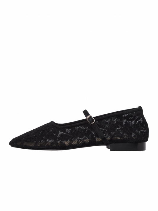 Black Perspective Floral Lace Ballet Flats Mary Janes With Buckled Strap