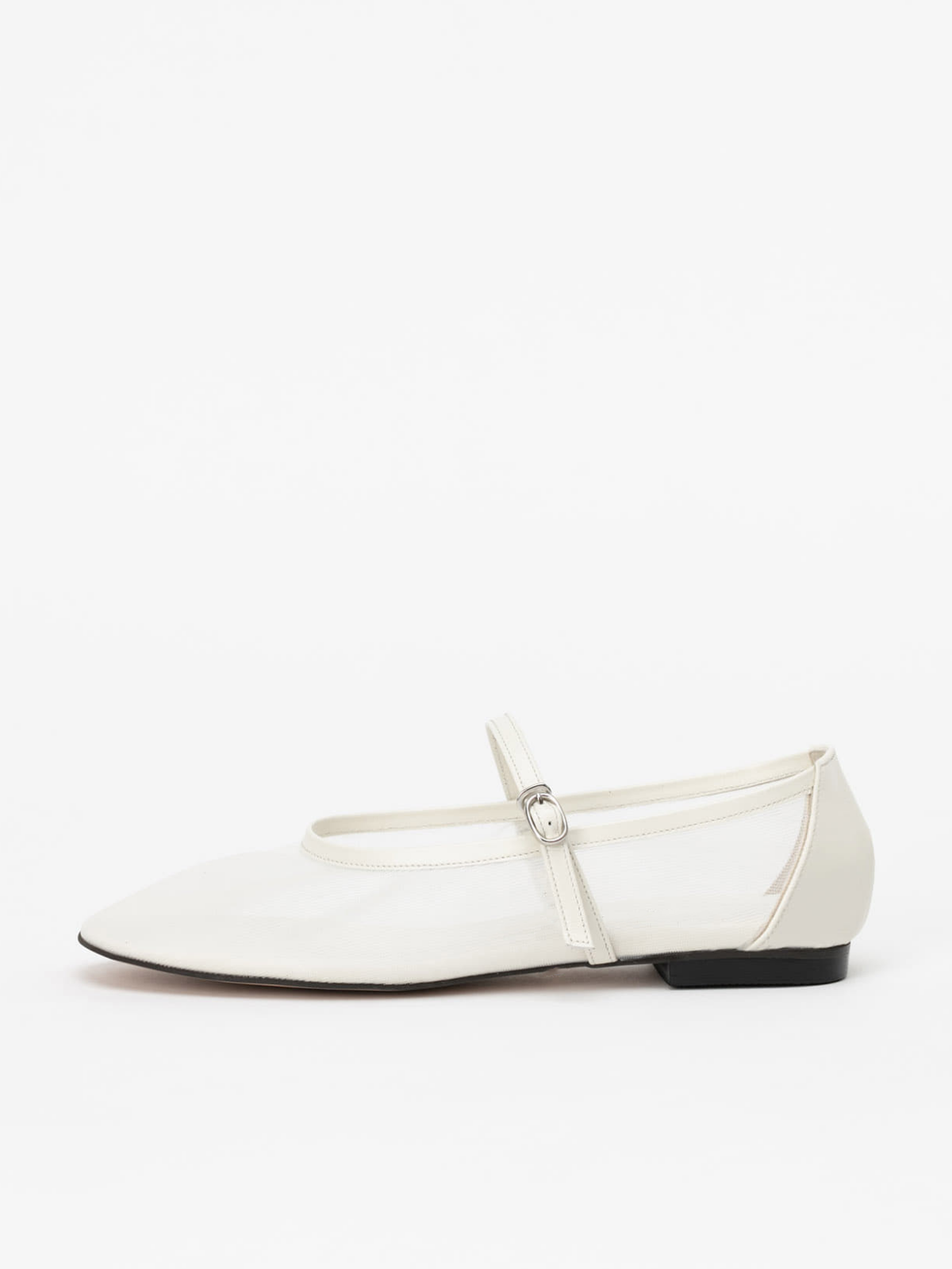 White Mesh Square-Toe Flats Mary Janes With Adjustable Strap