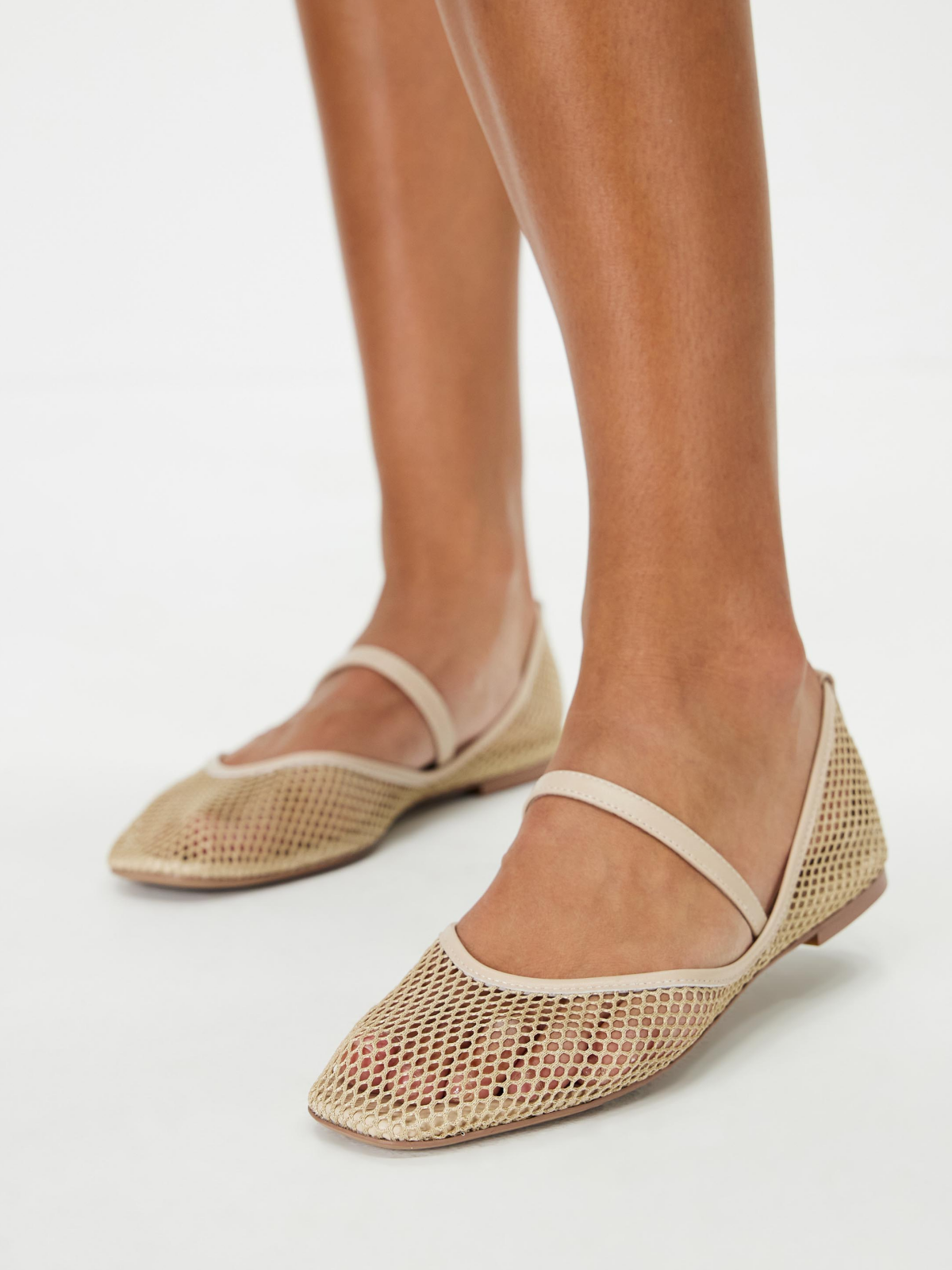 Cream Fishnet Ballet Flats Mary Janes With Square Toe