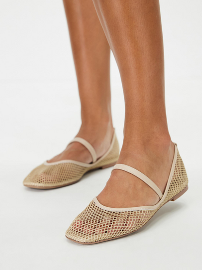 Cream Fishnet Ballet Flats Mary Janes With Square Toe