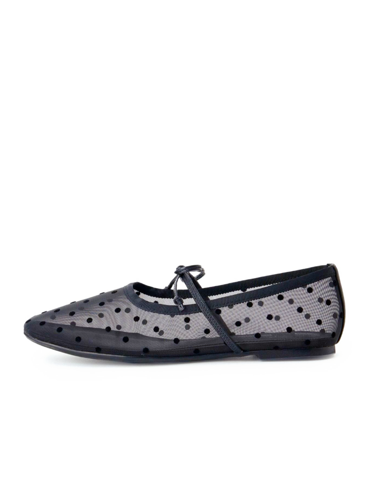 Black Polka Dot Mesh Square-Toe Ballet Flats Mary Janes With Bow Band