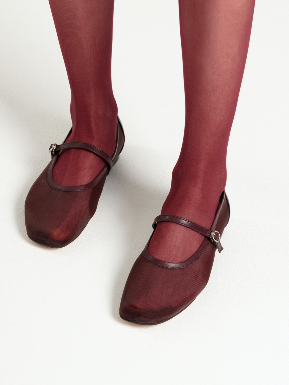 Maroon Mesh Square-Toe Flats Mary Janes With Adjustable Strap