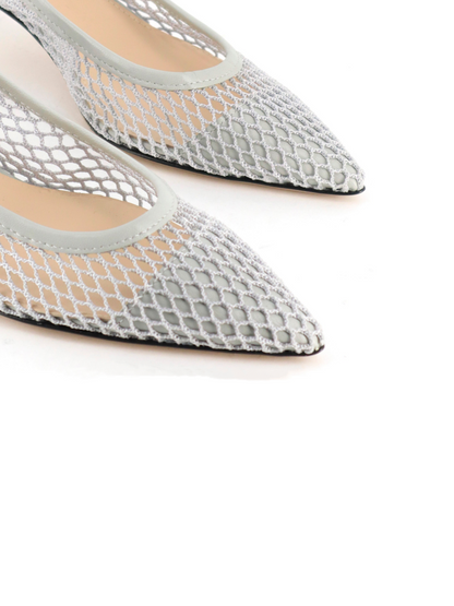 Pearl Grey Pointy Kitten Heels Slingback Pumps in Fishnet & Vegan Leather