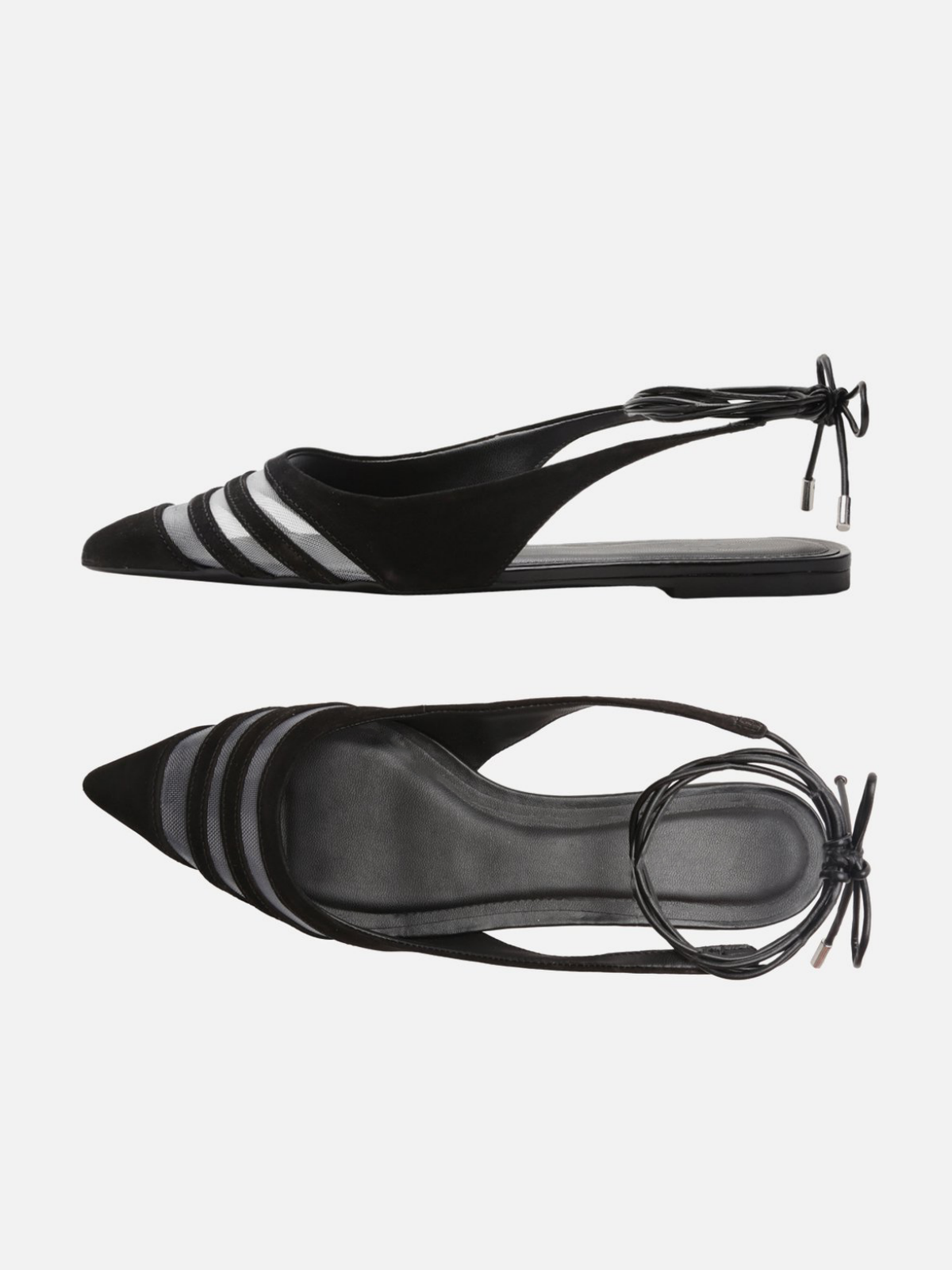 Black Faux Suede Pointy Flats Slingbacks Lace-Up Gladiators With Mesh Detail