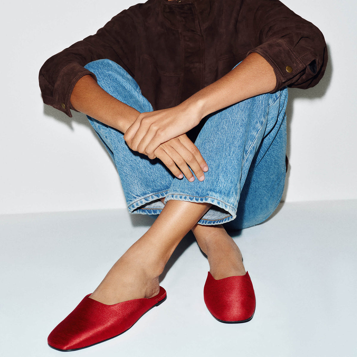 Slip-On Square-Toe Backless Mules Flats - Red Satin