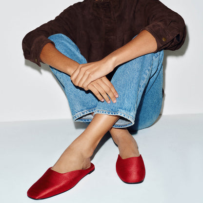Slip-On Square-Toe Backless Mules Flats - Red Satin