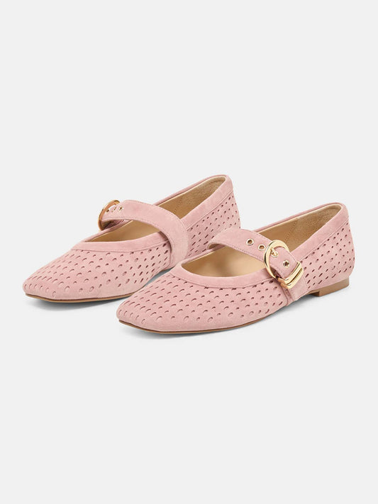 Pink Perforated Faux Suede Square-Toe Middle Strap Ballet Flats