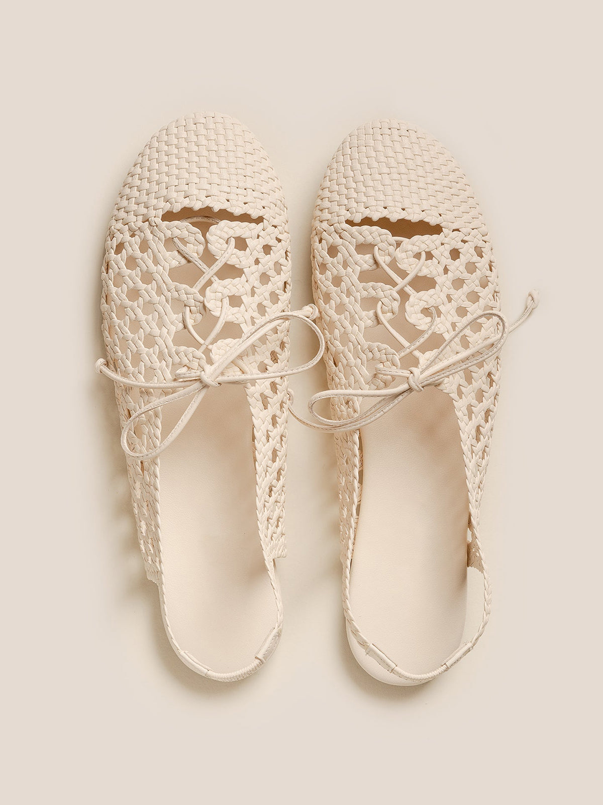 Ivory Woven Vegan Leather Round-Toe Lace-Up And Slingback Flats Sandals