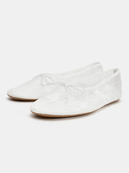 White Lace Mesh Round-Toe Front Bow Slip-On Ballet Flats