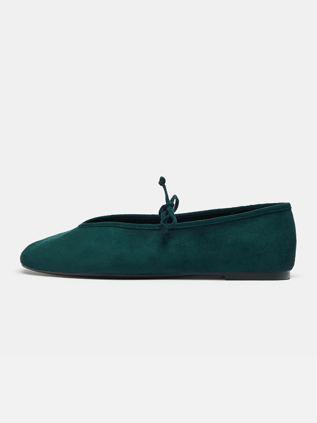 Dark Green Faux Suede Square-Toe Middle Strap Ballet Flats
