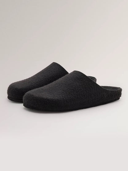 Black Plush Square-Toe Backless Simple Flats Slippers