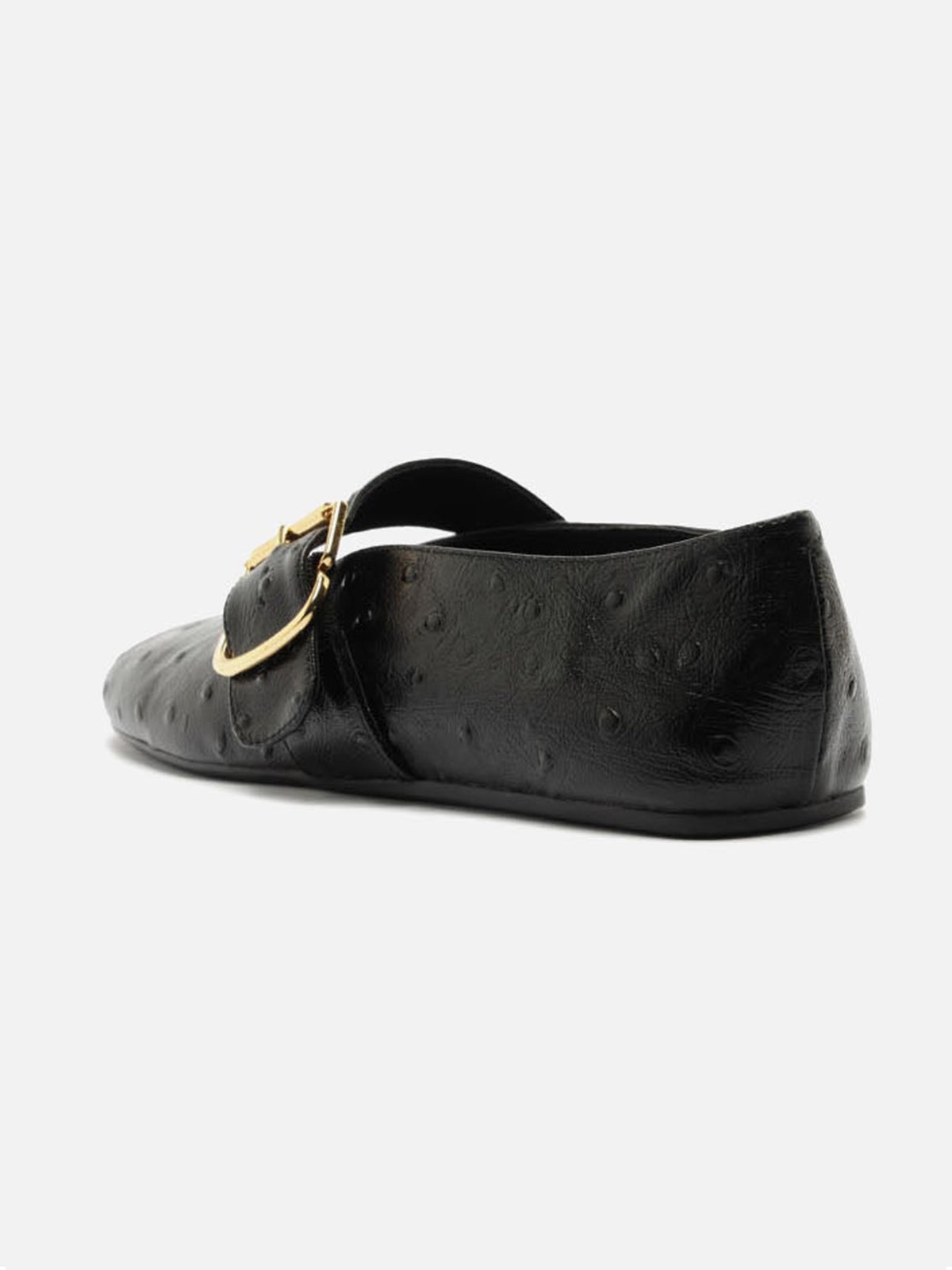 Black Ostrich Pattern Vegan Leather Round-Toe Mary Jane Chic Ballet Flats