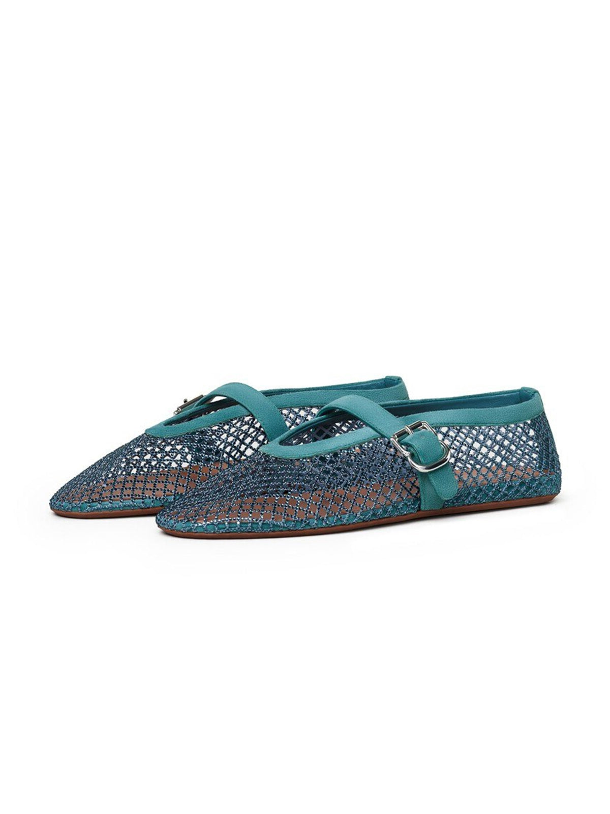 Blue Mesh And Faux Suede Round-Toe Buckle Mary Jane Ballet Flats