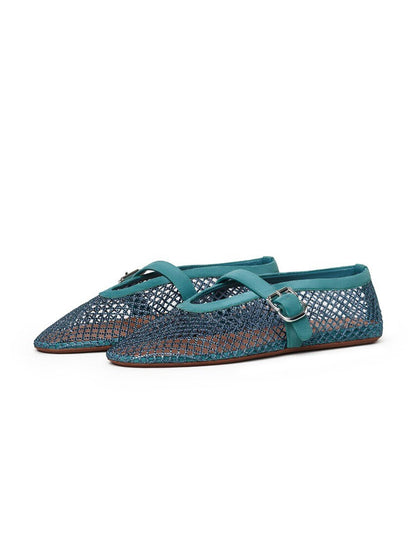 Blue Mesh And Faux Suede Round-Toe Buckle Mary Jane Ballet Flats