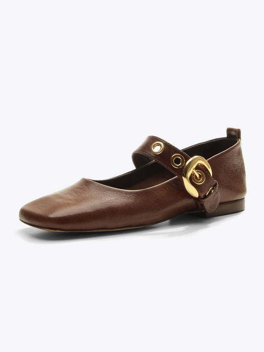Maroon Square-Toe Buckle Wide Mary Jane Strap Ballet Flats