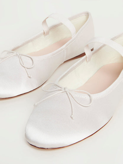 White Satin Round-Toe Mary Jane Front Bow Ballet Flats