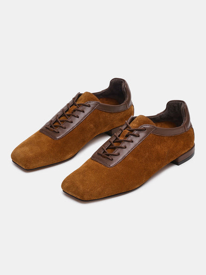 Tan Square-Toe Simple Lace-Up Chic Flats