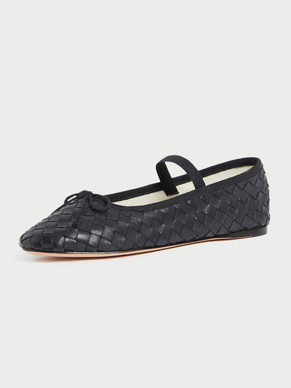Black Woven Vegan Leather Round-Toe Front Bow And Middle Strap Ballet Flats