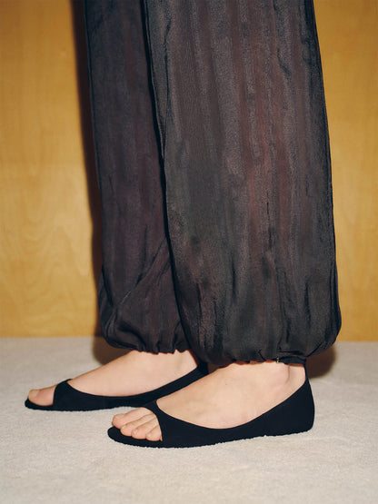 Black Faux Suede Square-Toe Buckle Ankle Strap Flats Sandals