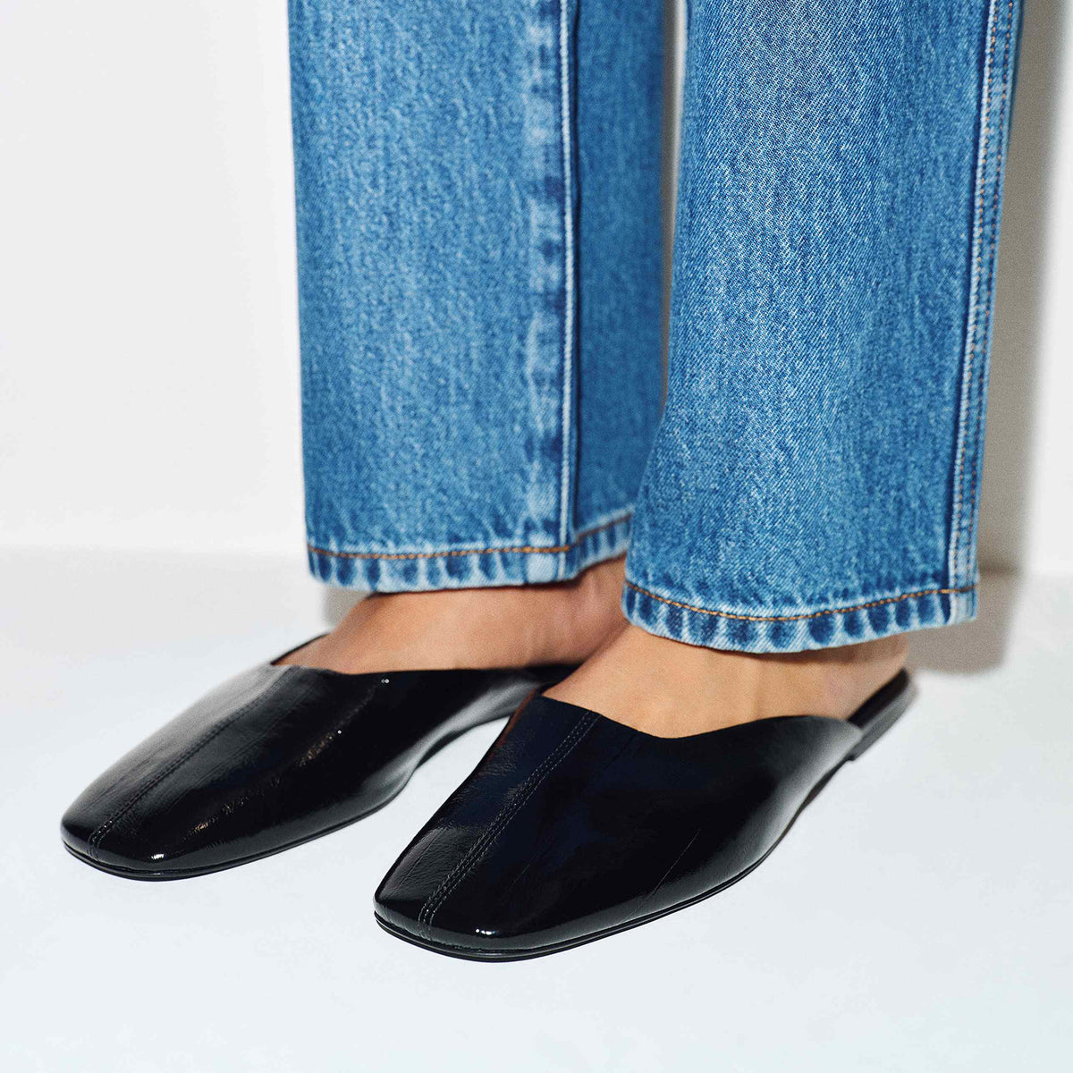 Slip-On Square-Toe Backless Mules Flats - Patent Black