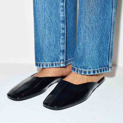 Slip-On Square-Toe Backless Mules Flats - Patent Black