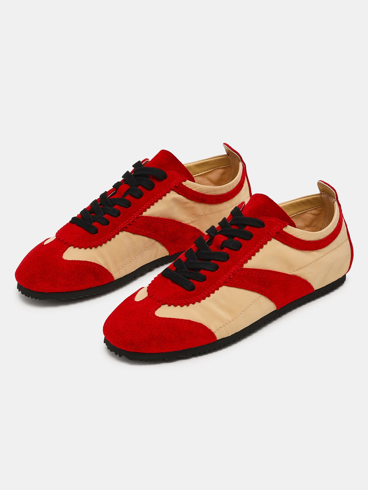 Red And Bone Cow Suede And Cloth Square-Toe Lace-Up Classic Flats Sneakers