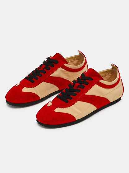 Red And Bone Cow Suede And Cloth Square-Toe Lace-Up Classic Flats Sneakers