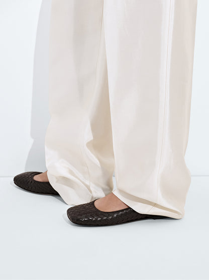 Chocolate Woven Vegan Leather Square-Toe Classic Slip-On Ballet Flats