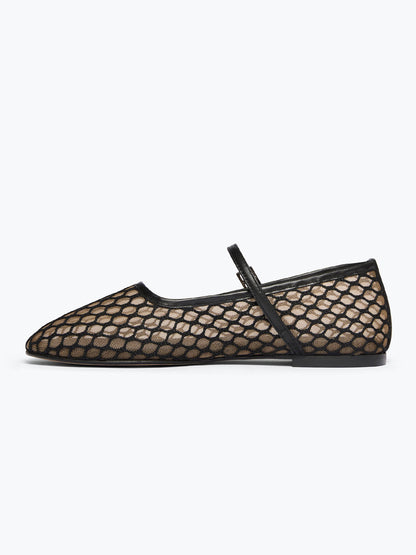 Chic Square-Toe Mary Jane Slip-On Ballet Flats - Black Mesh