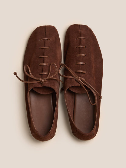 Coffee Faux Suede Square-Toe Chic Slip-On Flats With Lace-Up