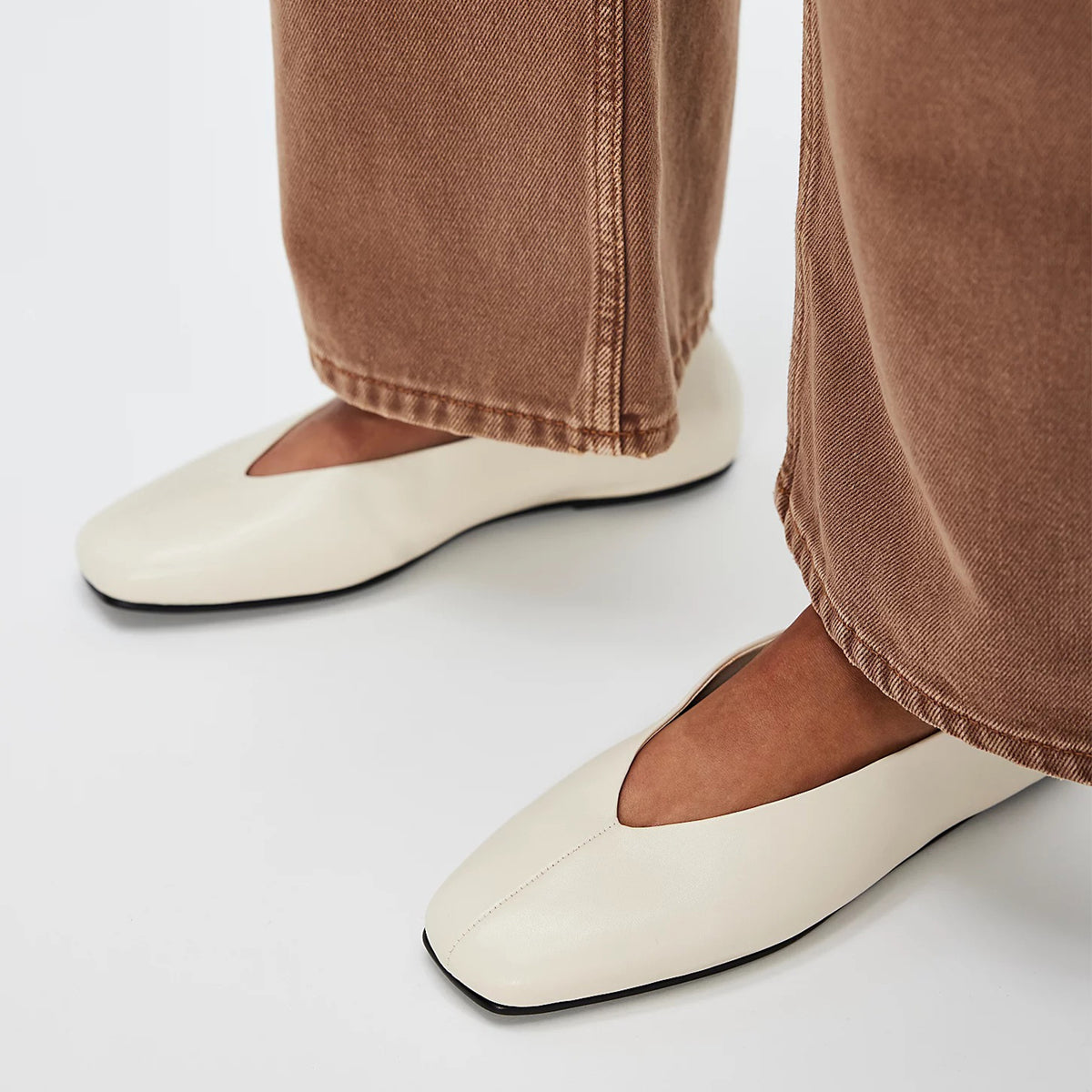 Vegan Leather Square-Toe Slip-On Ballet Flats - Ivory