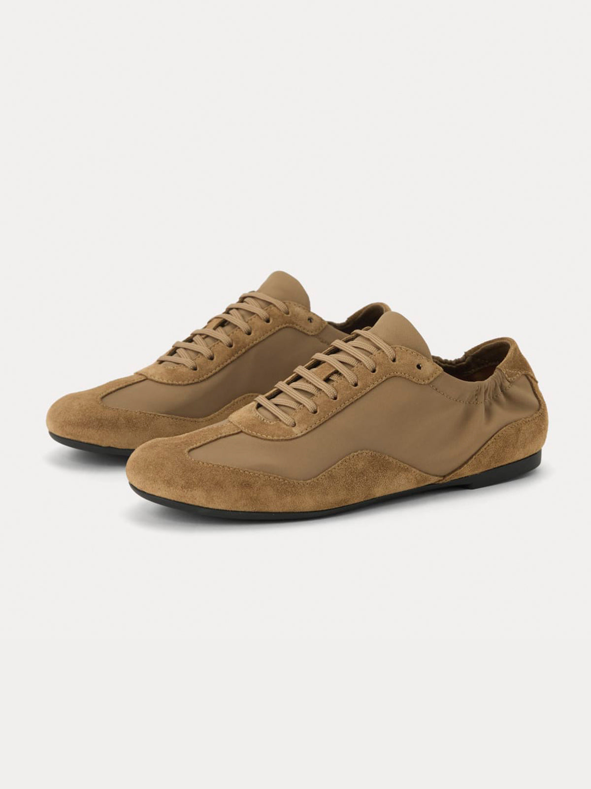 Tan Faux Suede And Cloth Round-Toe Lace-Up Ballet Sneakers