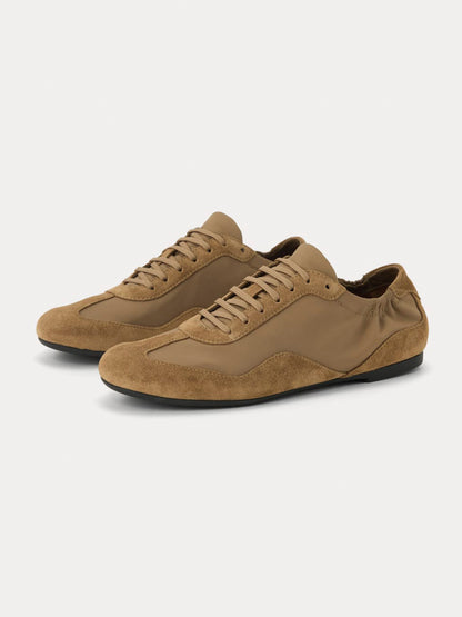 Tan Faux Suede And Cloth Round-Toe Lace-Up Ballet Sneakers