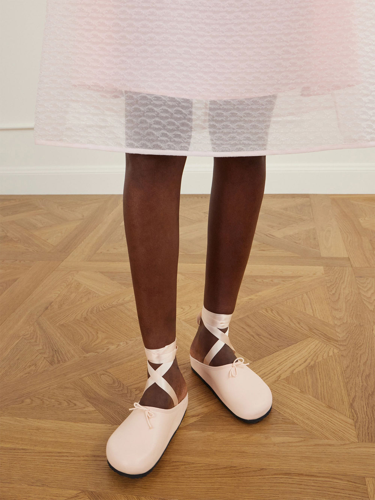 Cream Square-Toe Front Bow Backless And Ankle Strap Flats