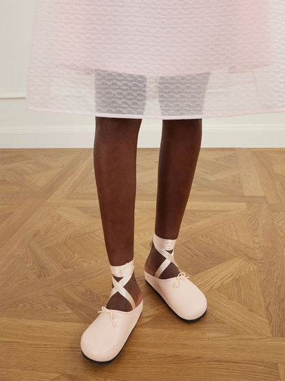 Cream Square-Toe Front Bow Backless And Ankle Strap Flats