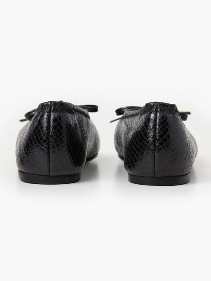 Black Snakeskin Pattern Classic Square-Toe Front Bow Simple Ballet Flats