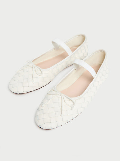 White Woven Vegan Leather Round-Toe Front Bow And Middle Strap Ballet Flats