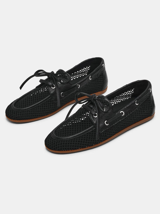 Black Mesh Round-Toe Classic Lace-Up Slip-On Flats