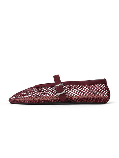 Dark Red Mesh And Faux Suede Round-Toe Buckle Mary Jane Ballet Flats