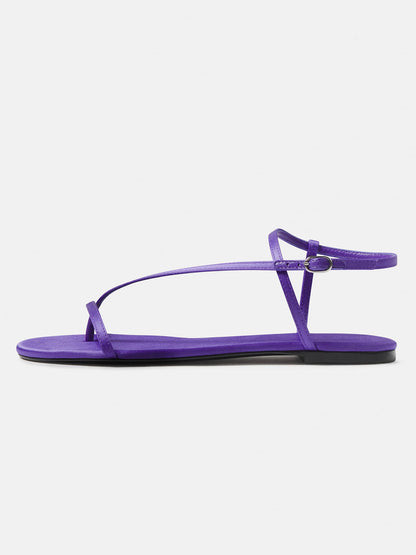 Purple Satin Square-Toe Back And Ankle Strap Flats Sandals