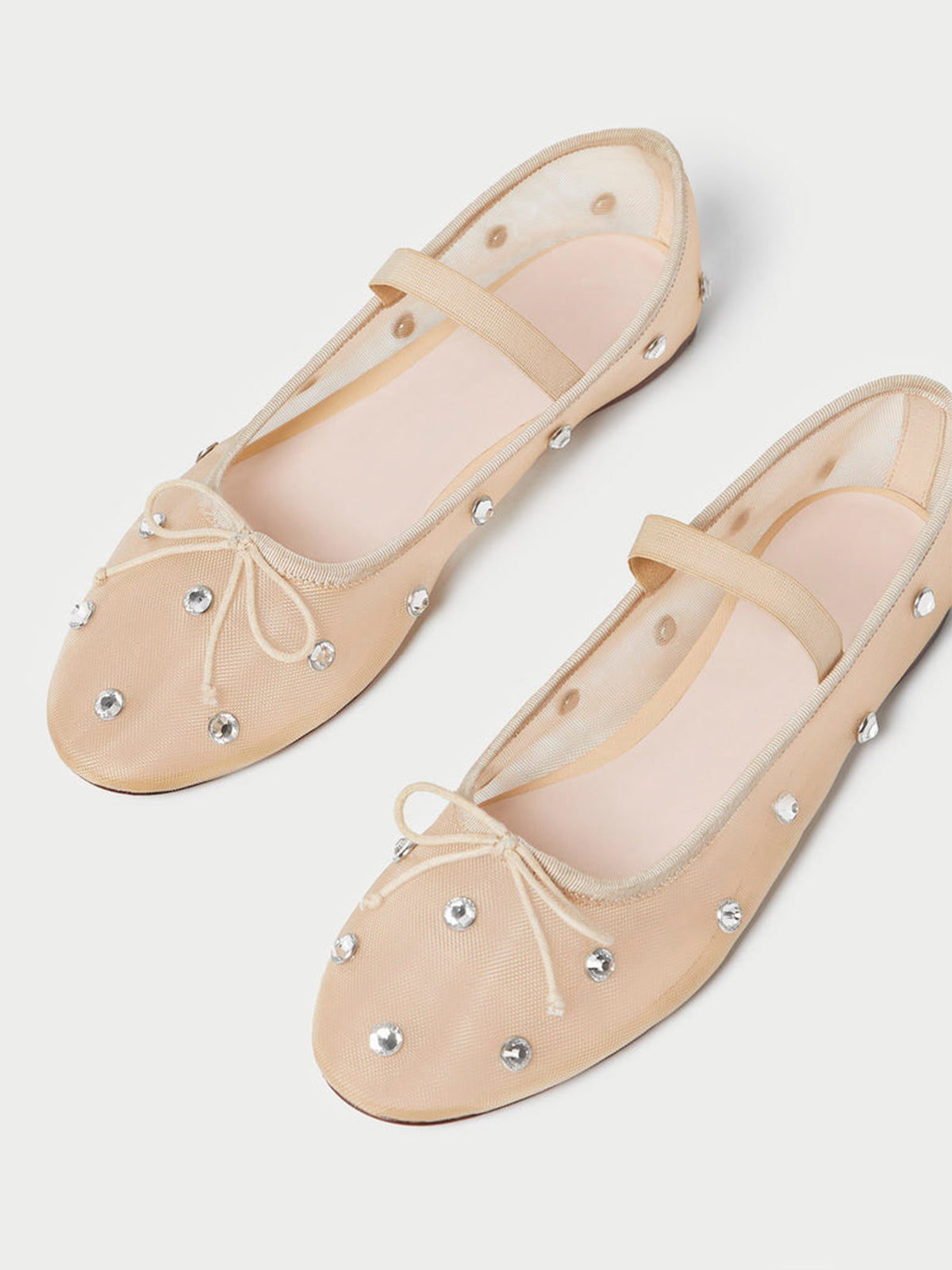 Caramel Crystals Mesh Round-Toe Front Bow And Middle Strap Ballet Flats