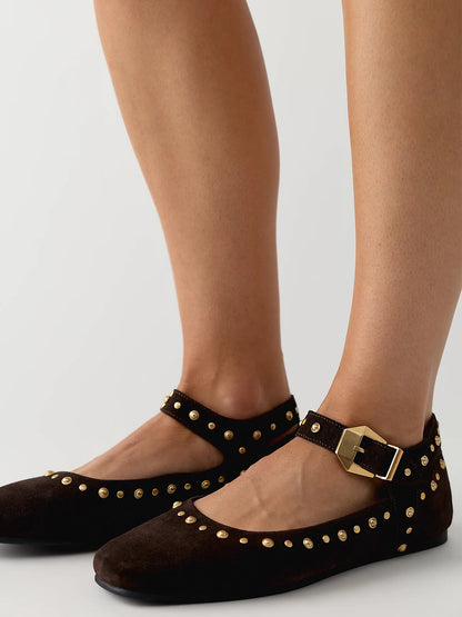 Coffee Faux Suede Square-Toe Studs And Buckle Mary Jane Chic Flats