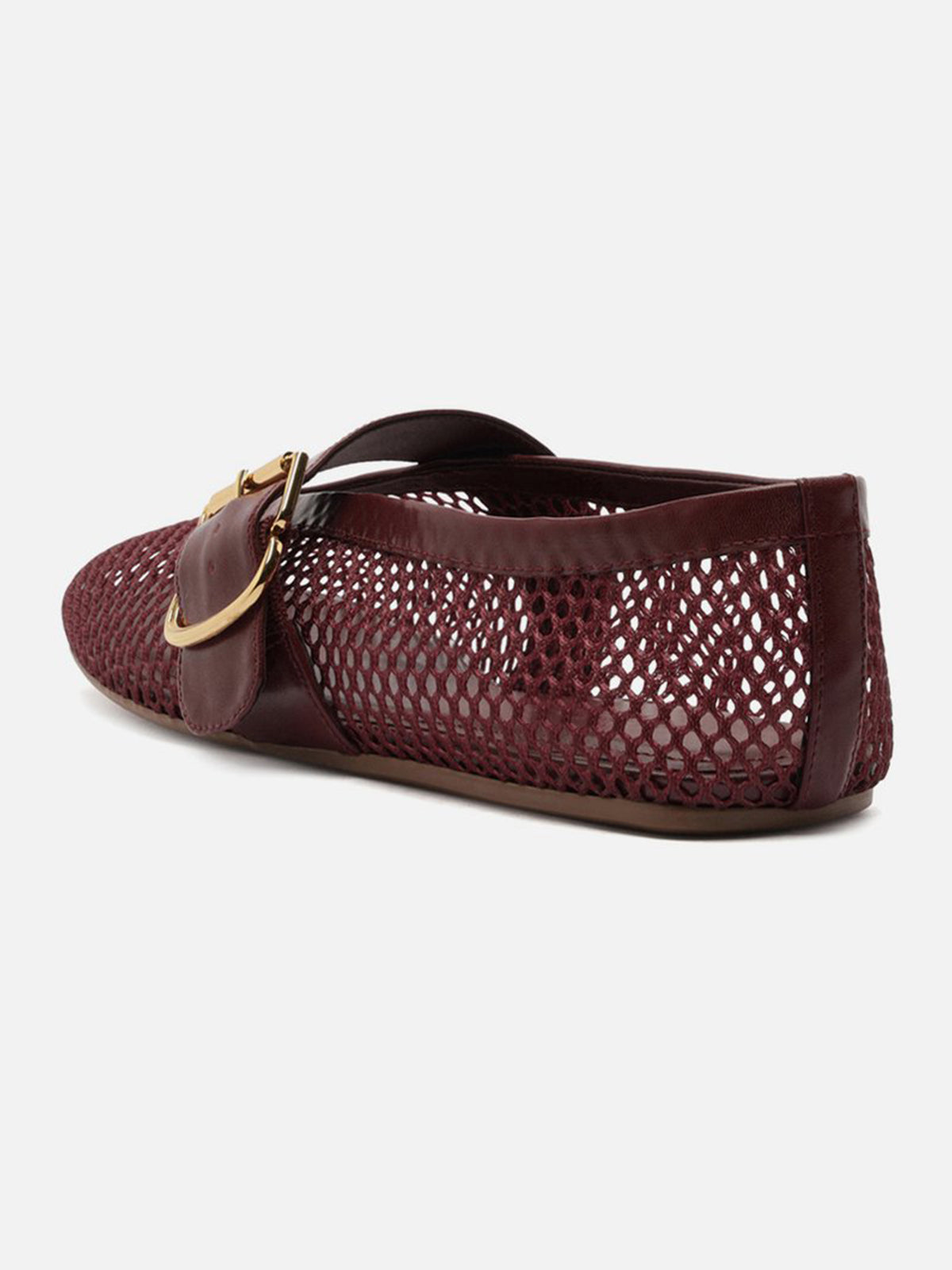 Dark Brown Mesh Round-Toe Buckle Wide Strap Slip-On Ballet Flats