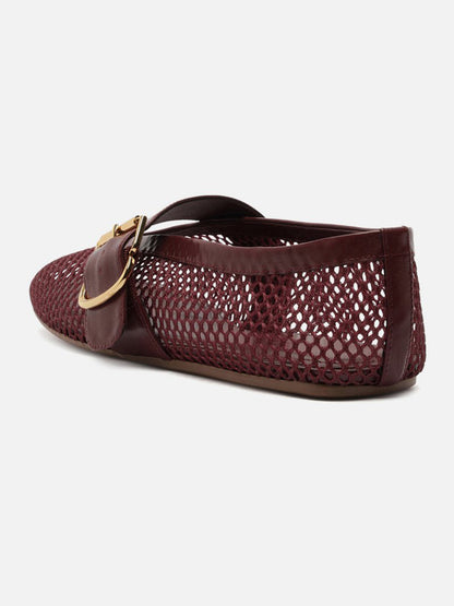 Dark Brown Mesh Round-Toe Buckle Wide Strap Slip-On Ballet Flats