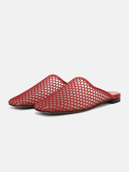 Red Mesh Square-Toe Chic Backless Simple Flats