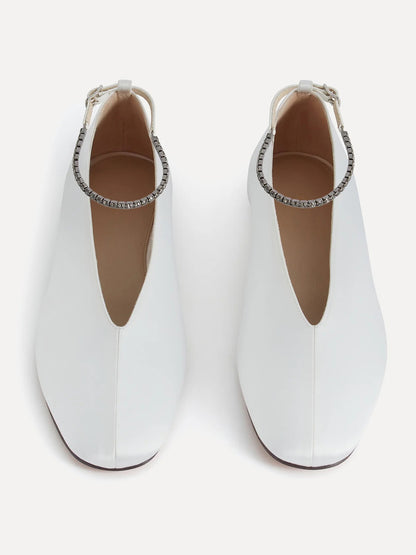 Ivory Satin Square-Toe Slip-On And Ankle Strap Ballet Flats